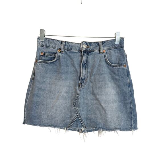 Topshop Moto Mini Skirt Womens 6 Blue Denim A-Line High Rise Raw Hem Y2K Casual - Picture 1 of 8